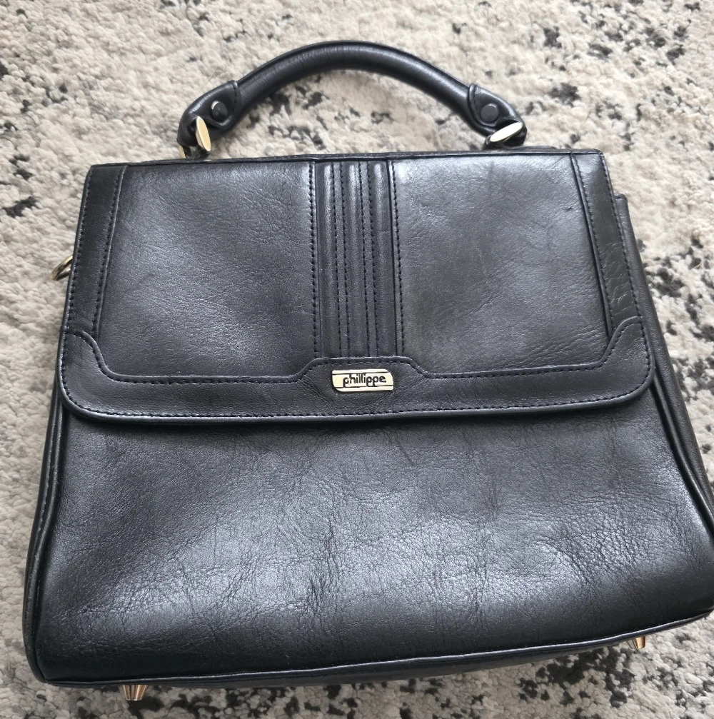 Vintage 90s Leather Flap Satchel Handbag Philippe Silvertone Classic City Chic